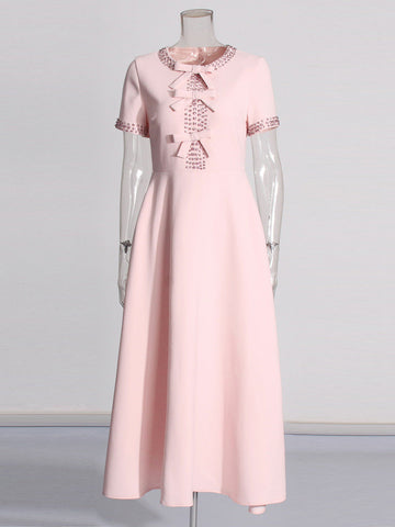 2025 New High-End Heavy Industry Nail Diamond Dress High Waist Round Bow Dress Woman